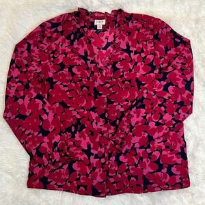J Crew Navy Blue Pink Floral Button Up Long Sleeves Ruffle V Neck Blouse Size XS